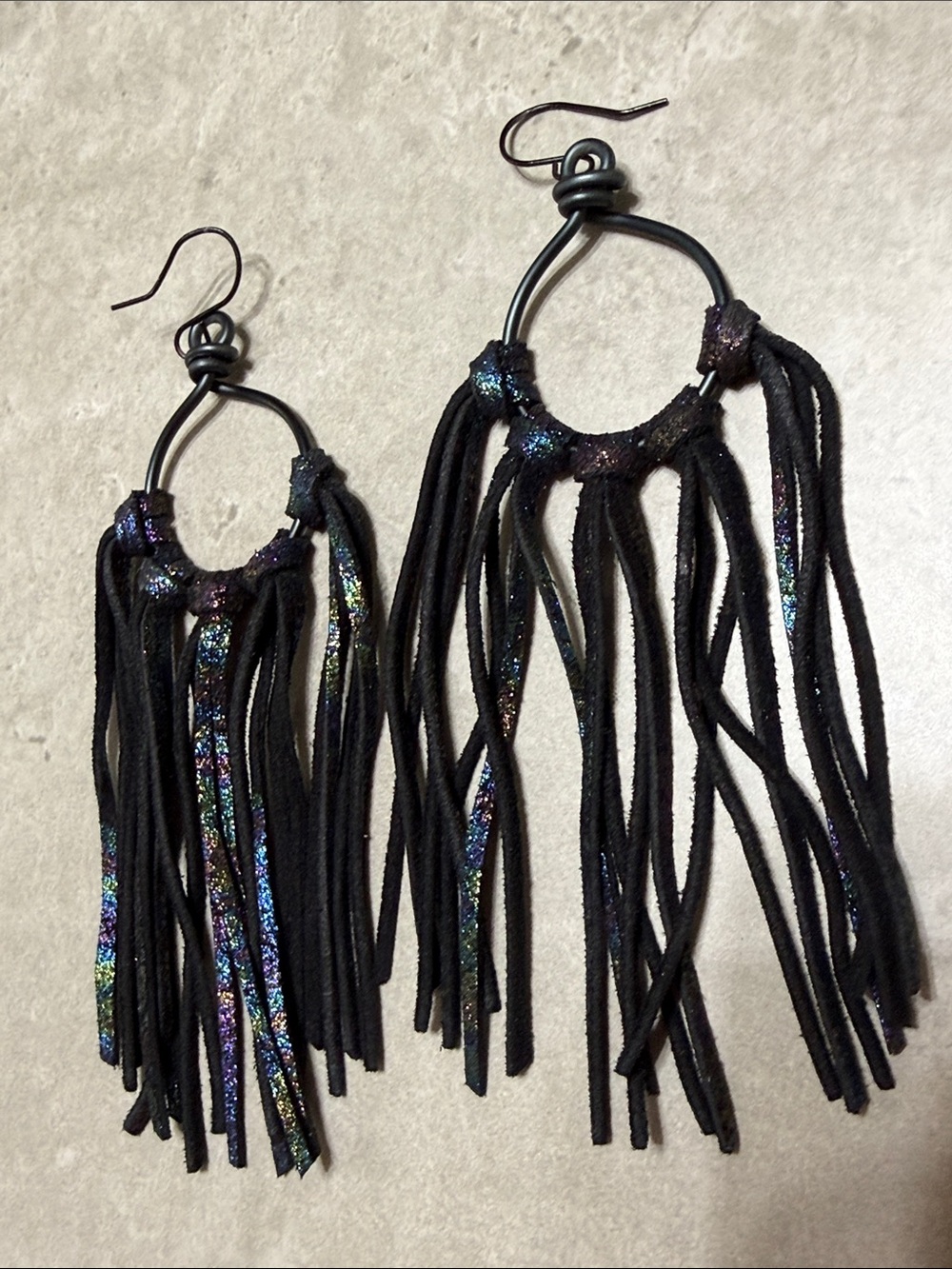 Handmade Black Fringe Hoop Earrings with Iridescent Accents